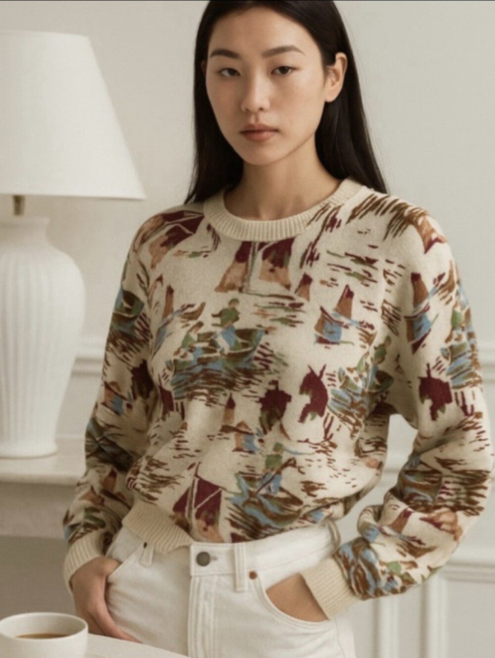 Zara Sailor Soft Feel Oversized Cream Crewneck Sweater Landscape Print - SZ Med